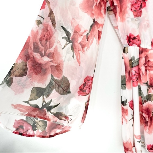 Show Me Your Mumu Roses Floral Pink Red White Dress Large Bell Sleeves Large - Picture 5 of 15